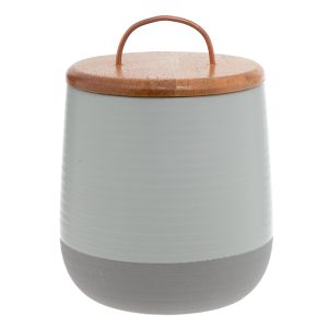 Grå keramikburk med lock i mangoträ 16 cm