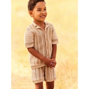 Desert Beige Stickat Tvådelat Set med Kortärmad Skjorta och Shorts (3 mån - 10 år)
